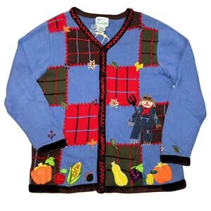 Quacker Factory Fall Autumn Scarecrow Button Down Cardigan Size Large